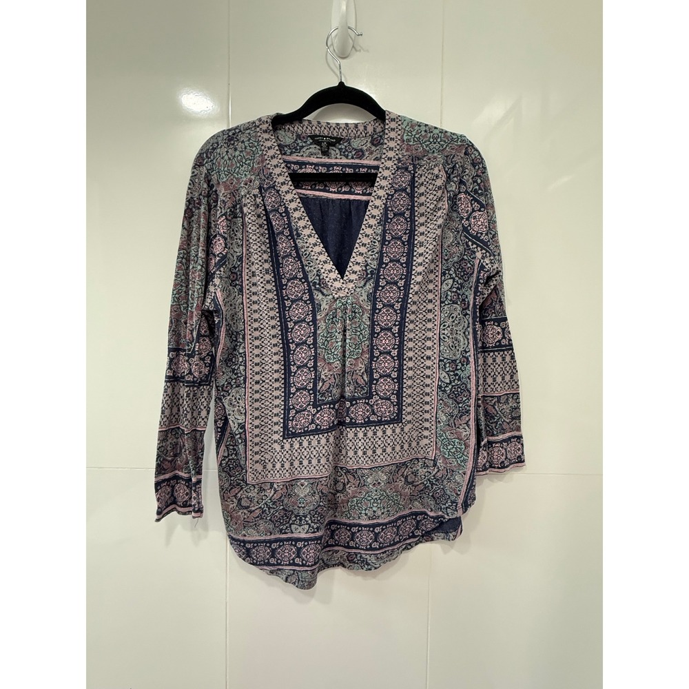 Lucky Brand Paisley Boho Tunic Top L V-Neck Cotton Linen Blend Blue Pink